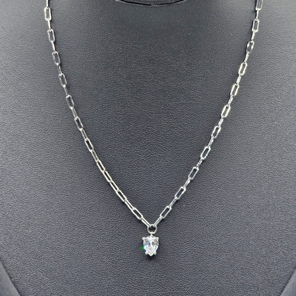 Stainless Steel Paperclip Chain with Teardrop CZ Pendant 14-18"